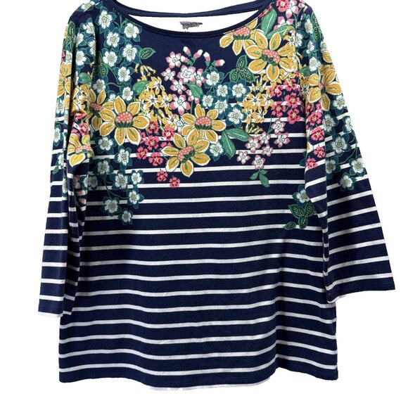 Talbots Tee Top Size LP Floral Stripe Navy Blue Colorful 3/4 Sleeve Knit Stretch - Picture 1 of 7
